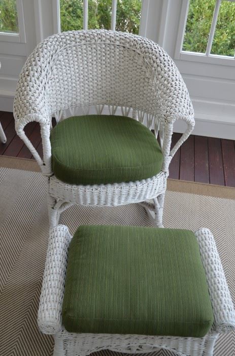 ANTIQUE WICKER CHAIR AND OTTOMAN