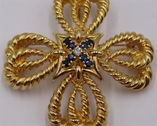 JEWELRY. Tiffany & Co. 18kt Gold, Sapphire and  Diamond Pendant or Brooch.