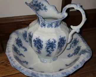 Blue & White Porcelain Pitcher & Bowl Set