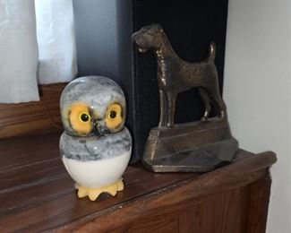 Stone Owl & Cast Iron Dog Statue