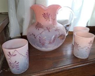 Antique Stevens & Williams Pink Opalescent Diamond Quilted Glass Pitcher & 3 Cup Set