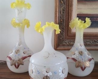 3 Piece Antique Painted Satin Glass Set With Yellow Ruffled Edge