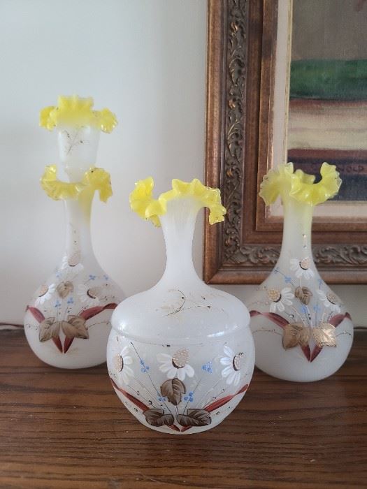 3 Piece Antique Painted Satin Glass Set With Yellow Ruffled Edge