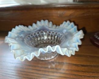 Fenton Milk Glass Opalescent Ruffled Edge Candy Dish