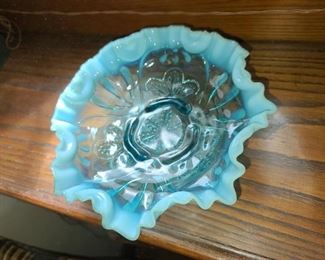 Fenton Blue Opalescent Ruffled Edge Candy Dish