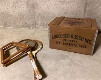 Anheuser Busch Wood Crate and Two Vintage Tennis Rackets
