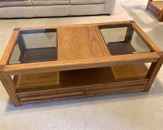 Broyhill Oak Glass Coffee Table and End Table