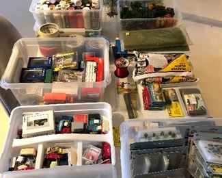 Model train accessories-many unopened boxes of shrubs, people, cars, paint, trees, plaster, ground cover