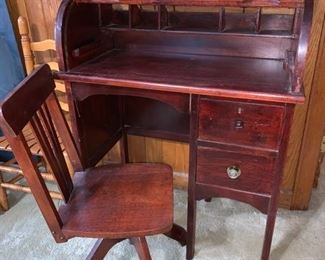 Old Children's Roll Top Desk and Chair 