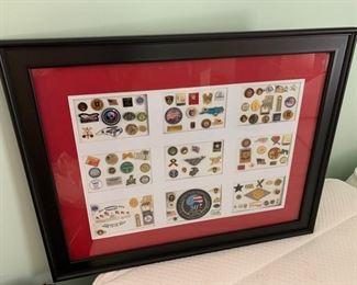 Framed Plaque with Assorted Military and North Carolina Pins and Badges
