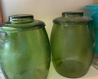 Green Glass Mushroom Canisters/Cookie Jars
