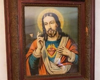 Large 26”x30” antique framed Sacred Heart of Jesus.