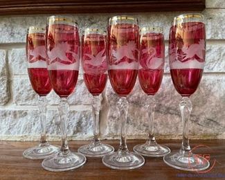 Vintage Cranberry Champagne Flutes with Etched Bird Scenes