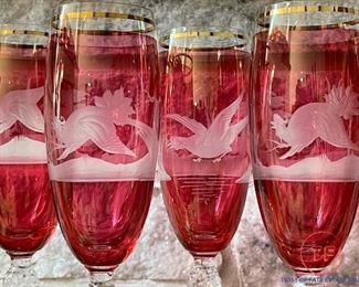 Vintage Cranberry Champagne Flutes with Etched Bird Scenes