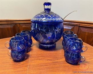 Bohemian Cobalt Blue Cut Glass Punch Bowl with Lid Set