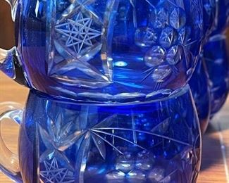 Bohemian Cobalt Blue Cut Glass Punch Bowl with Lid Set