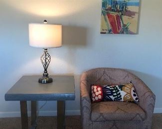 Side table, lamp, accent chair, wall art