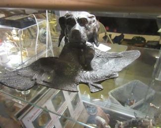 Vintage Bronze Retriever Ink Well with Glass Well