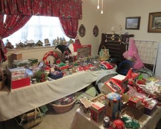 Christmas Room with Ceramic Village Buildings and assorted ornaments.