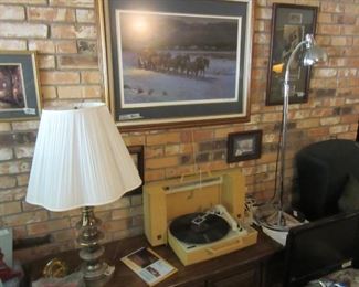 Painting by Lajos Markos, noted Hungarian-American artist and a rare 1965 GE Wildcat Portable Phonograph.