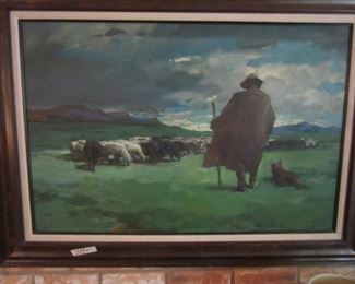Oil on Canvas Shepherd and Sheep Dog