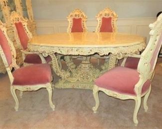 Vintage Cream Floral Baroque Rococo Dining Room Table/6 Chairs, China Hutch, Credenza