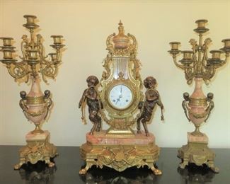 Pair of Italian Brevettato Brass Marble Candelabras & Matching Mantel Clock