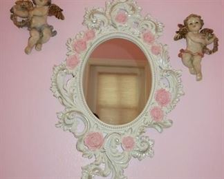 Victorian White Pink Rose Oval Wall Mirror