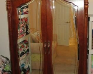 Victorian Dark Wood Armoire with Mirrored Doors 