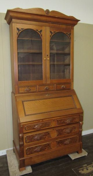 2 piece Walnut Bookcase/Secretary w/Carved Pulls