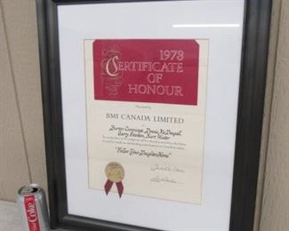 1973 Certificate of Honour by BMI Canada Limited to Guess Who Band