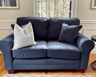 Item 6: Brand New Matching Navy Loveseat, with two matching pillows - 65"l x 36"w x 37"h: $395
