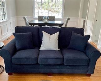Item 7: Brand New Navy Sofa with two matching navy pillows - 90"l x 36"w x 37"h: $495