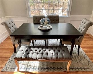 Item 9:  Brand New Dining Table with 4 Upholstered Chairs and 2-Seater Bench - light grey tufted fabric:  $800                                                                                                        Table - 65"l x 38"w x 30.5"h                                                                                                   Bench - 45"l x 17"w x 17.5"h                                                                        (4) Chairs - 19"l x 17.25"w x 39"h 