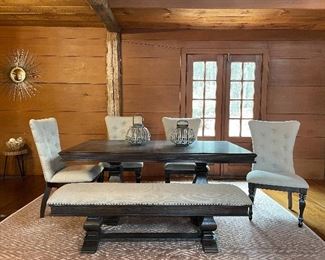 Item 45: Dining Table, Double Pedestal Base, with 4 Beige Upholstered Chairs and 2-Seater Bench: $995 Table - 72"l x 41.5"w x 30.25"h Chairs - 22.5"l x 18.5"w x 40.5"h Bench - 64"l x 16.5"w x 18"h