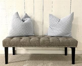Item 54: (2) Down Pillows (blue & white) - 22" x 22": $48 each Item 55: Upholstered Bench with Nailhead Trim - 48.5"l x 17.5"w x 17"h: SOLD