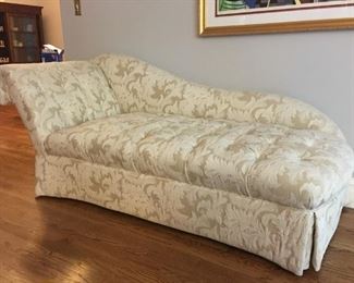Marshall Field's fabric upholstered chaise lounge. 82" long, 33" deep, 33" high, seat height 16". 