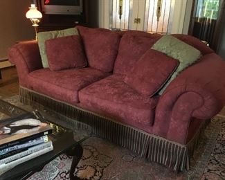 Walter E. Smithe fringed sofa. 89" wide, 48" deep, 34" high, 17" seat height.   