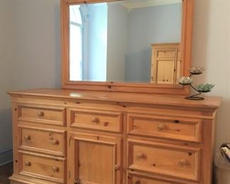 Lovely Pine dresser by Maurice Mandel with matching mirror. 66" wide, 34" high, 19" deep. Mirror 34" high.  