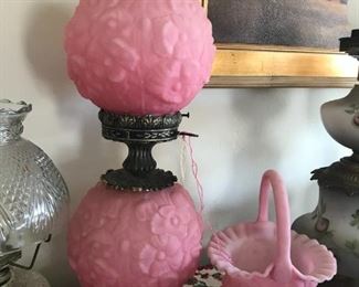 Fenton Pink Custard Poppy Gone with The Wind Lamp and Fenton Pink Custard Daisy Basket