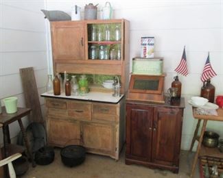 Hoosier Cabinet...Cast Iron Items..Vintage Tins...