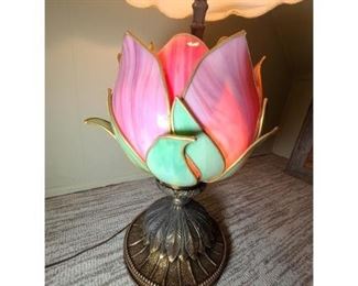 Vintage 1900s Rose Bud Slag Stained Glass Lamp
