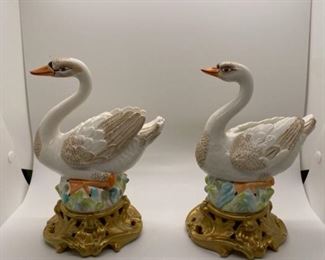 2 Swan Porcelain Statues