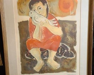 Child and Dove Signed Lithograph by Guanse