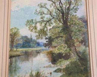 Framed Pond Painting with Tree