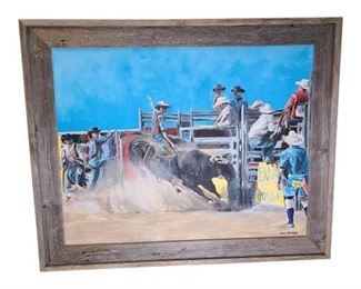 Original James Van Fossan Portrait of Man Bull Riding Oil on Linen