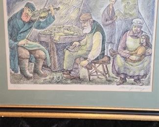 Signed Lithograph Print of a Jewish Shtetl Scene by Chaim Goldberg