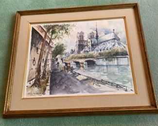 Stephane Wrobel Signed Cathedral Painting with Pond