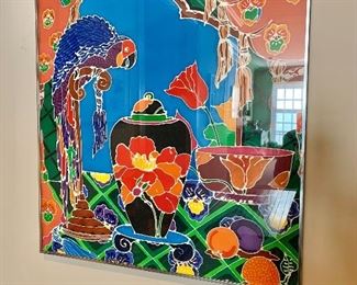$495 - Katherine Steiger, American framed mixed media still life on silk; signed; dry mounted on board; 30.5" H x 28" W