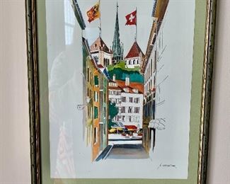 $75 - A. Carpentier "Le Place du Bourg-de-Four" print and watercolor; 15" H x 11" W